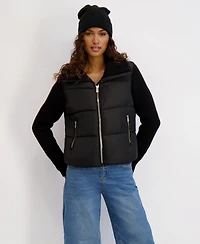 Kensie Women's Mixed Media Short Puffer with Knit Sleeves & Collar