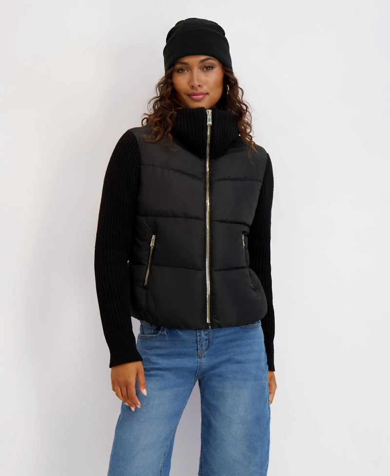 Kensie Women's Mixed Media Short Puffer with Knit Sleeves & Collar