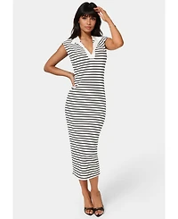 Bebe Women's Stripe Rib Column Dress with Collar