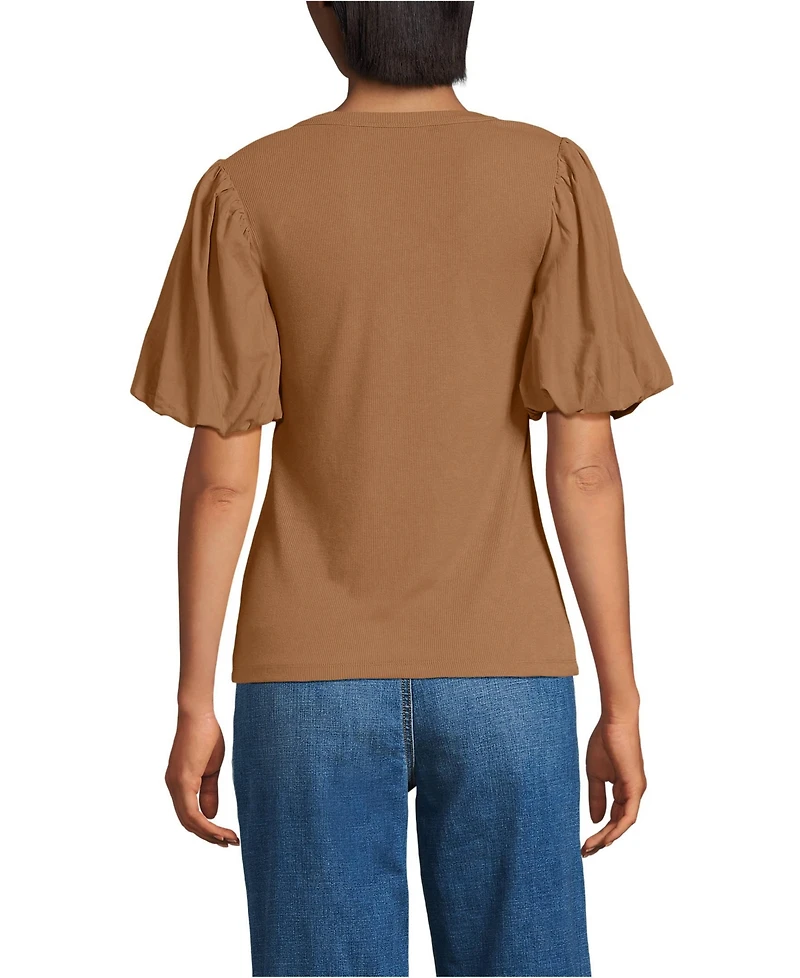Lands' End Women's Drapey Rib Puff Sleeve Scoop Neck Top
