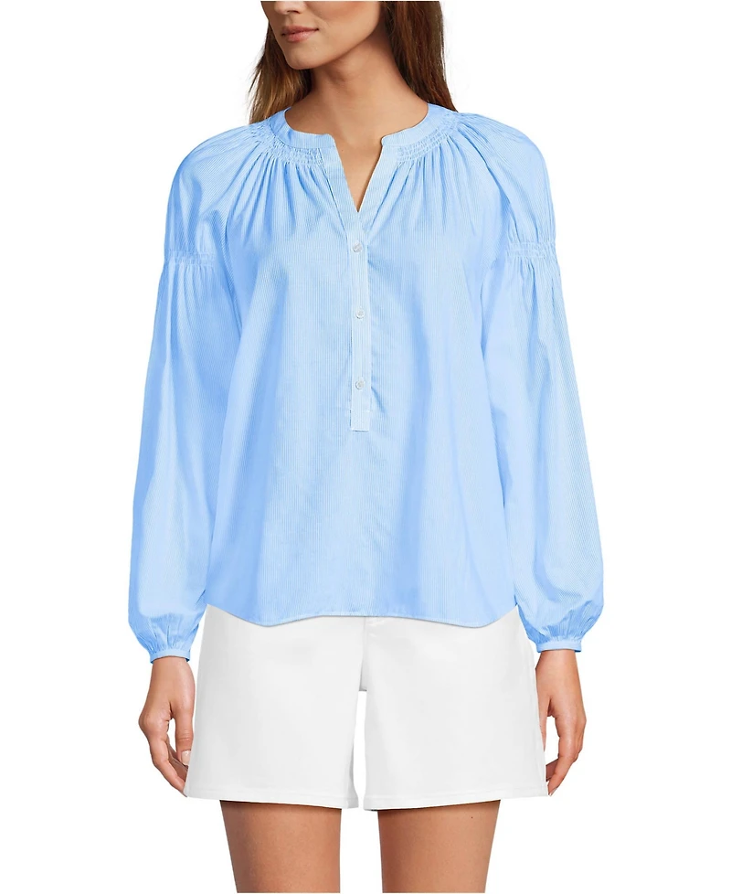 Lands' End Women's Cotton Voile Long Sleeve Raglan Smocked Top