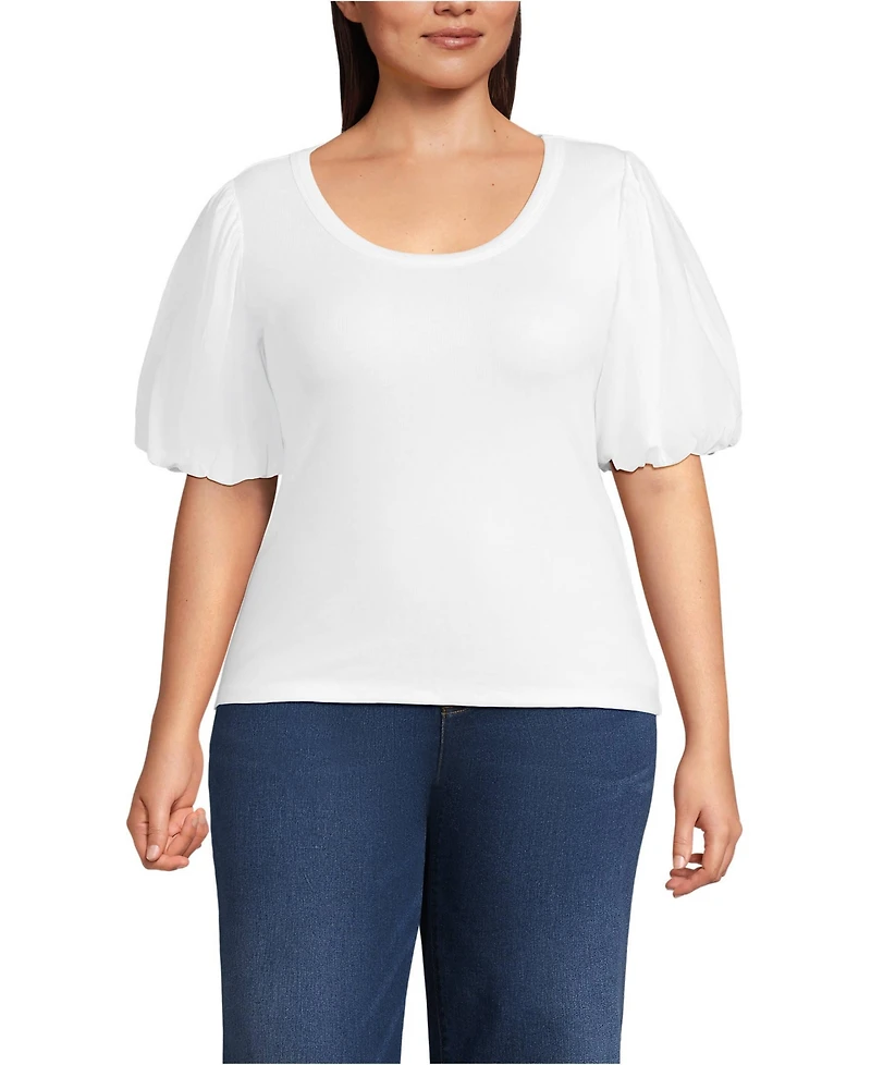 Lands' End Women's Plus Size Drapey Rib Puff Sleeve Scoop Neck Top