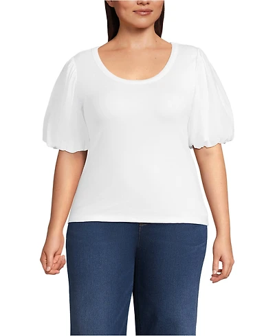 Lands' End Women's Plus Size Drapey Rib Puff Sleeve Scoop Neck Top