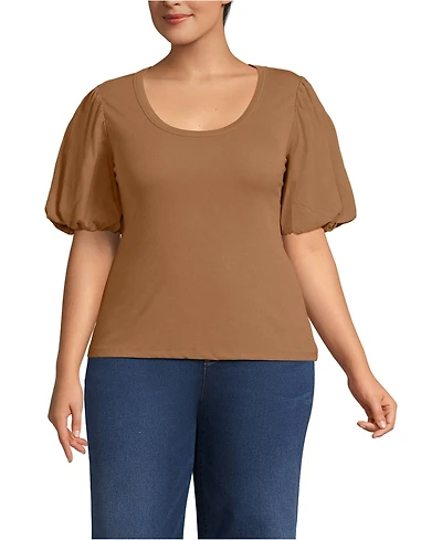 Lands' End Women's Plus Drapey Rib Puff Sleeve Scoop Neck Top