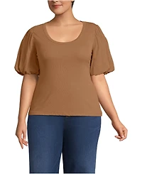 Lands' End Women's Plus Drapey Rib Puff Sleeve Scoop Neck Top
