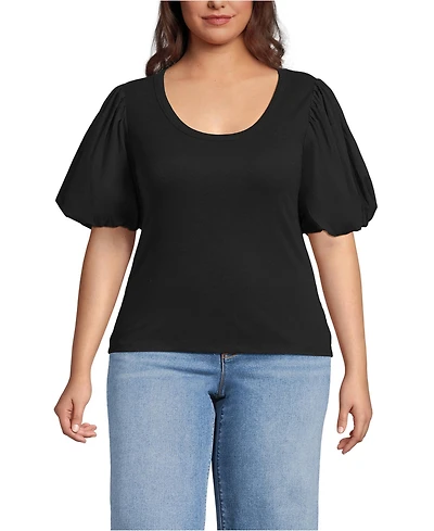 Lands' End Women's Plus Drapey Rib Puff Sleeve Scoop Neck Top