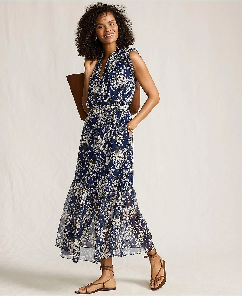 Lands' End Women's Chiffon Maxi Dress with Ruffle Detail