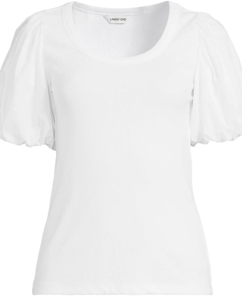 Lands' End Women's Petite Drapey Rib Puff Sleeve Scoop Neck Top