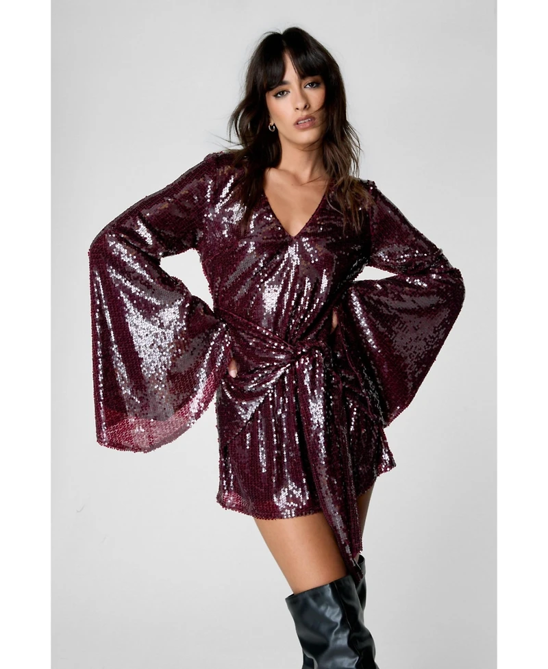 Nasty Gal Women's Flared Sleeve Tie Front Mini Dress