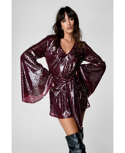 Nasty Gal Women's Flared Sleeve Tie Front Mini Dress