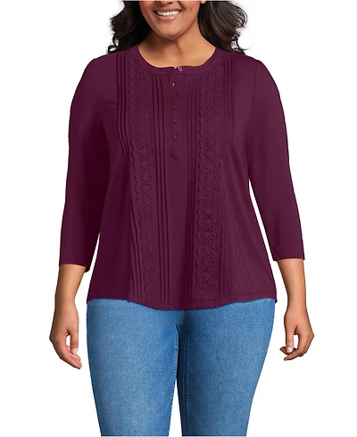 Lands' End Women's Plus 3/4 Sleeve Lightweight Jersey Embellished Top