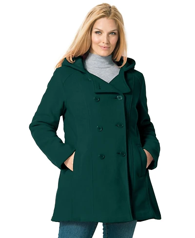 Woman Within Women's Double-Breasted Hooded Fleece Peacoat