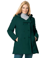 Woman Within Women's Double-Breasted Hooded Fleece Peacoat