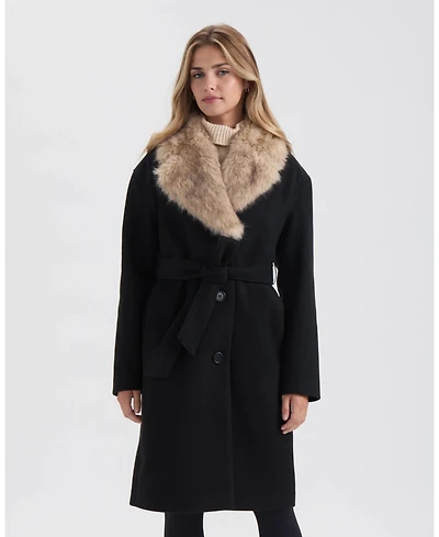 Ellen Tracy Women's Long Faux Wool Coat with Detachable Fur Collar