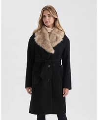 Ellen Tracy Women's Long Faux Wool Coat with Detachable Fur Collar