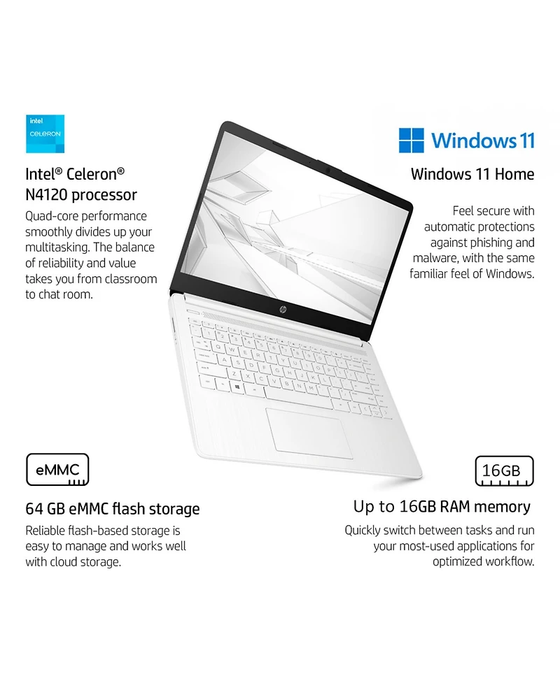 Hp Essential 14" Entry Traditional Laptop Intel Celeron N4500 4GB Ram Intel Uhd Graphics 64GB eMMC Storage Windows 11 Home Hd 60Hz - White