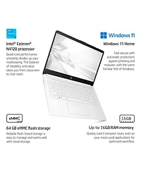 Hp Essential 14" Entry Traditional Laptop Intel Celeron N4500 4GB Ram Intel Uhd Graphics 64GB eMMC Storage Windows 11 Home Hd 60Hz - White