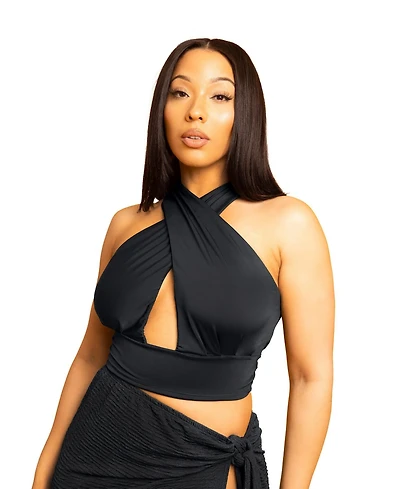 Rebdolls Plus Cross Over Crop Top - Black