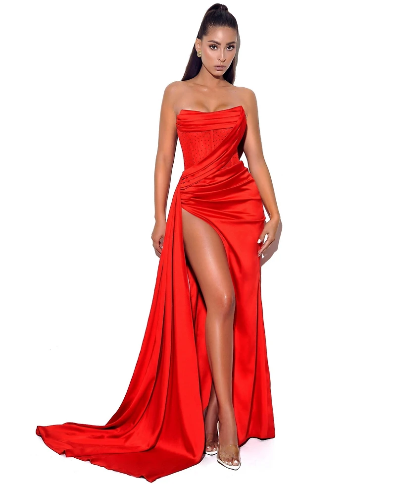 Miss Circle Women Holly Crystallized Corset High Slit Satin Gown