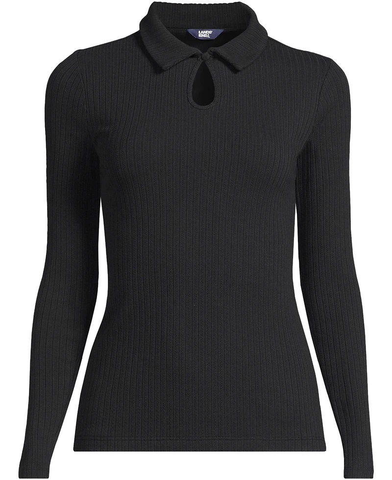 Lands' End Plus Long Sleeve Pointelle Rib Keyhole Polo Top