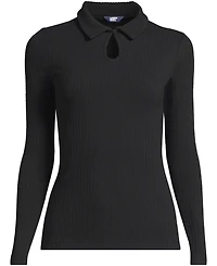Lands' End Plus Long Sleeve Pointelle Rib Keyhole Polo Top