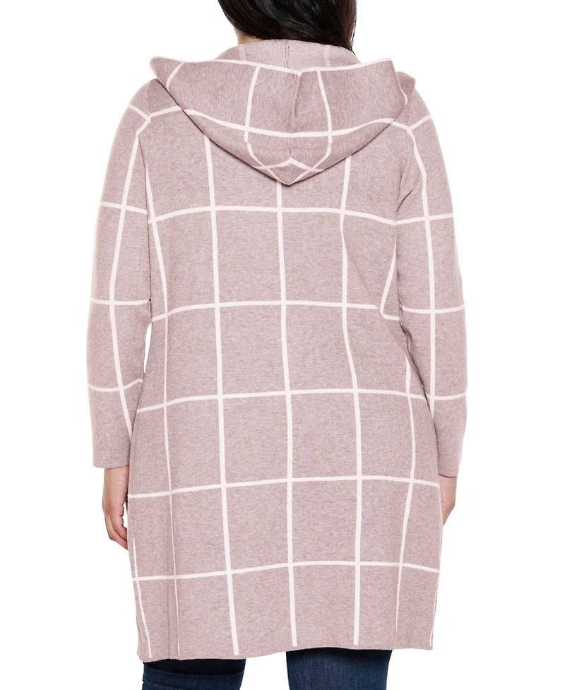 Belldini Plus Size Hooded Windowpane Plaid Cardigan Sweater