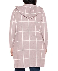Belldini Plus Size Hooded Windowpane Plaid Cardigan Sweater