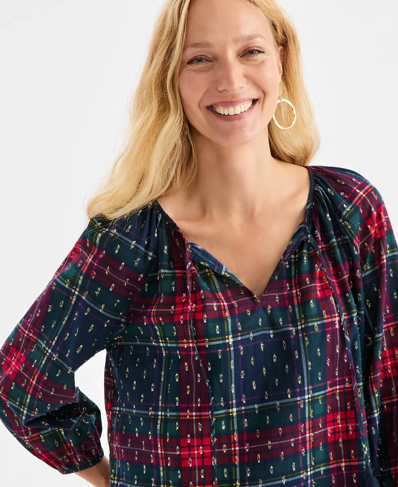 Style & Co Women's Plaid 3/4 Sleeve Split Neck Top with Lurex, Macy's Exclusive