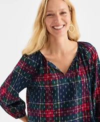 Style & Co Women's Plaid 3/4 Sleeve Split Neck Top with Lurex, Macy's Exclusive