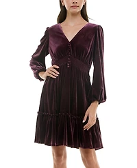 Taylor Petite V-Neck Long-Sleeve Smocked-Waist Velvet Dress