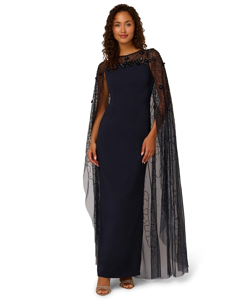 Adrianna Papell Women's Bead Cape Crepe Long Dress