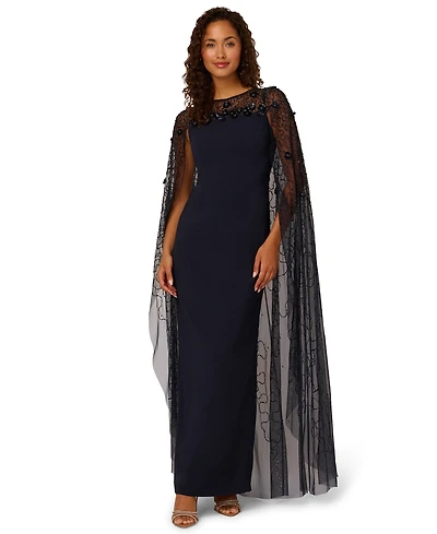 Adrianna Papell Women's Bead Cape Crepe Long Dress