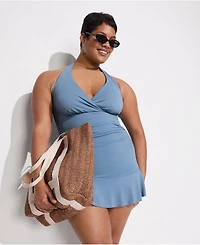 Lands' End Women's Pique Halter Ruffle Hem Mini Swim Dress Swimsuit