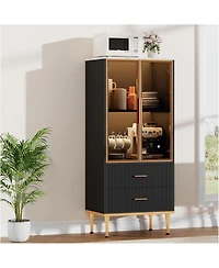 Fluted Glass Door Storage Cabinet w/Adjustable Shelves & 2 Drawers |Black Contemporary Display Unit for Kitchen Pantry or Living Room Storage