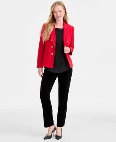 Jones New York Womens Button Trim Open Front Blazer Textured Contrast Hem Top High Rise Straight Leg Velvet Pants