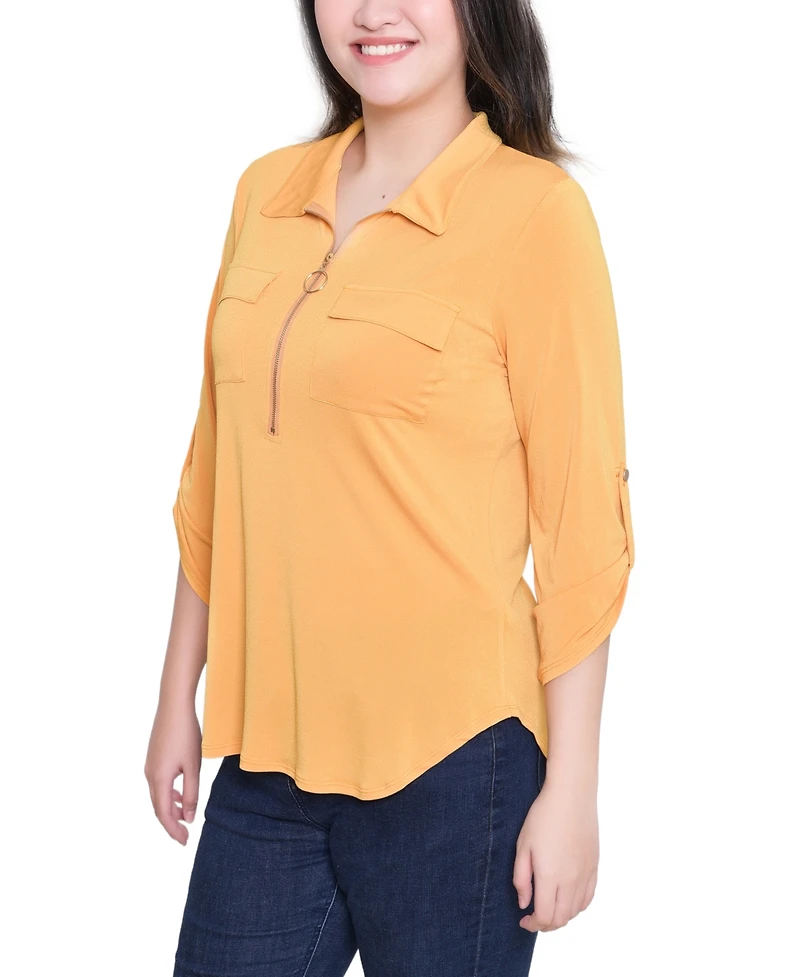 Ny Collection Women's 3/4 Roll Tab Zip Front Top