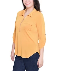 Ny Collection Women's 3/4 Roll Tab Zip Front Top