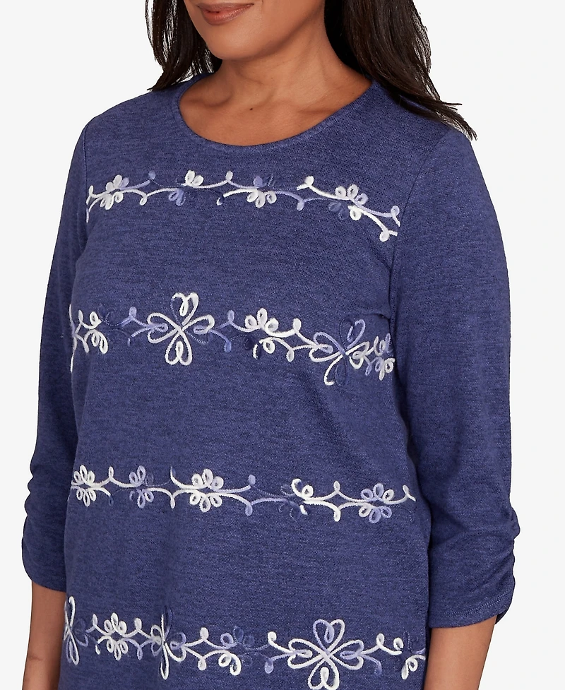 Alfred Dunner Lake Champlain Embroidered Scroll Ruched Sleeve Top