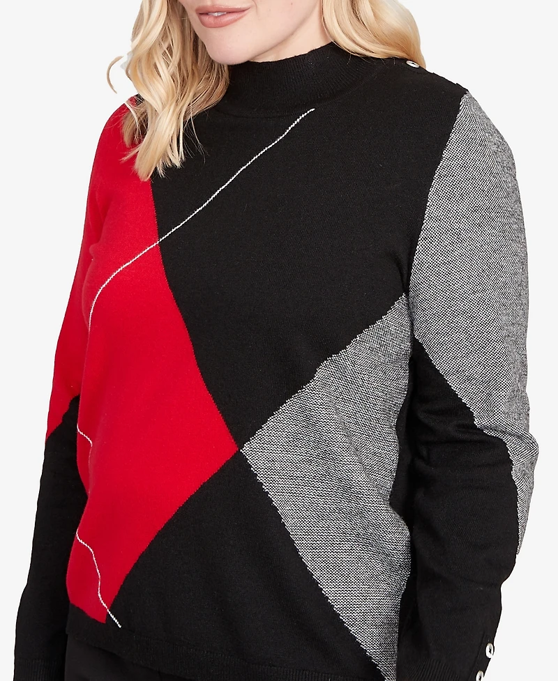 Alfred Dunner Jet Setter Exploded Argyle Mock Neck Sweater
