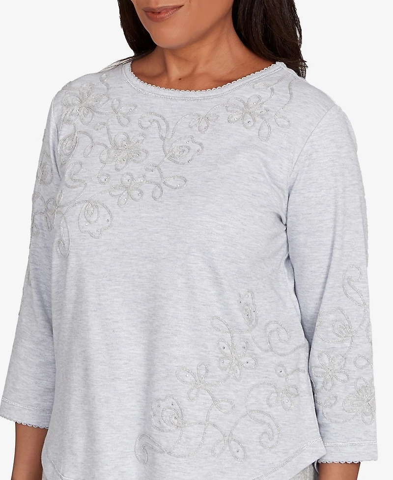 Alfred Dunner Women's Casual Vibe Asymmetrical Floral Embroidered Detail Top