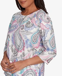 Alfred Dunner Casual Vibe Pleated Paisley Crew Neck Top