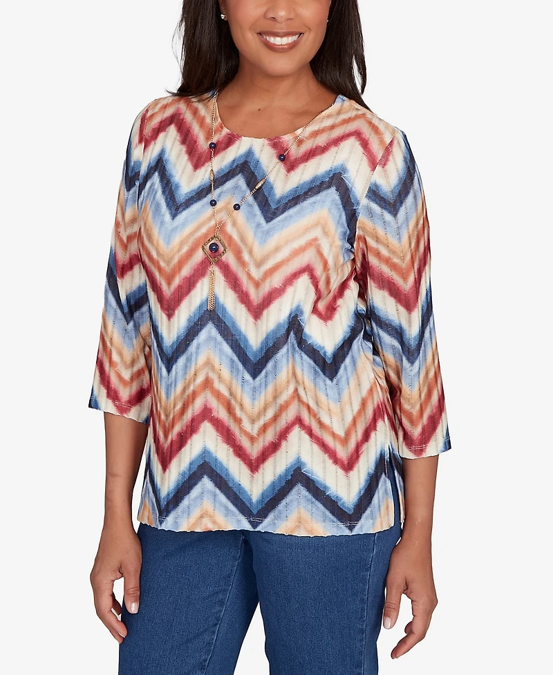 Alfred Dunner Sunset Canyon Textured Knit Chevron Top With Necklace