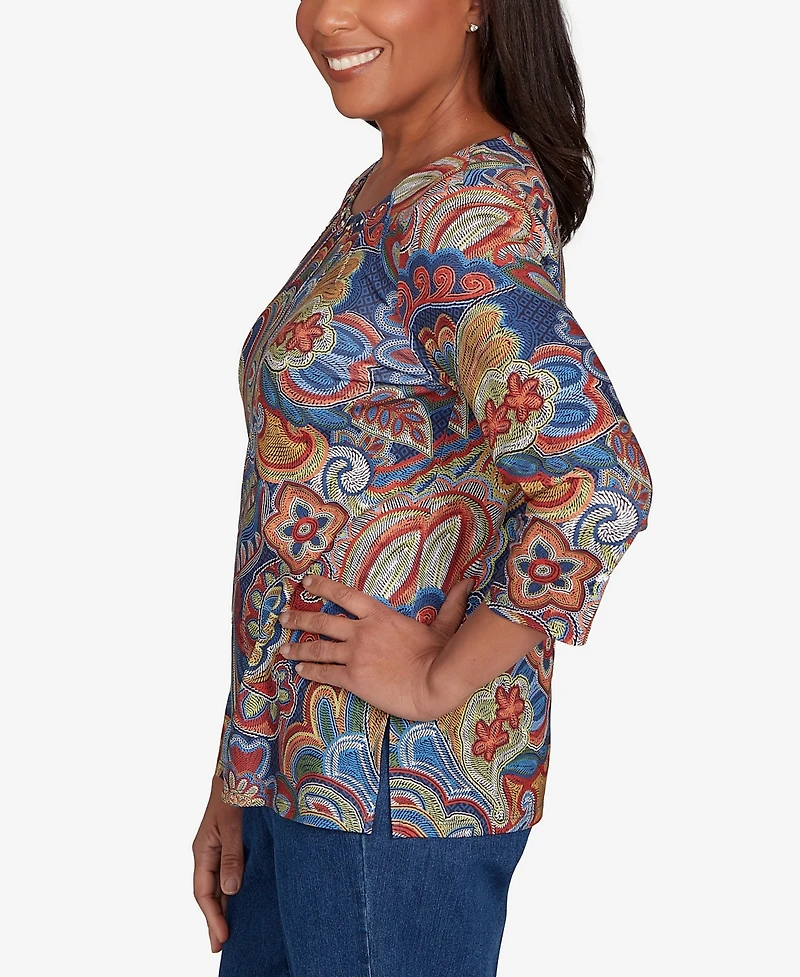 Alfred Dunner Sunset Canyon Stitched Floral Pleated Neck Top