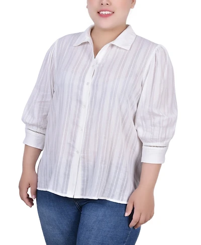 Ny Collection Plus 3/4 Puff Sleeve Cotton Jacquard Blouse
