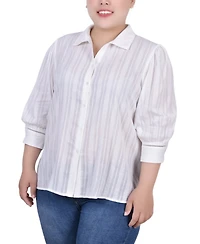 Ny Collection Plus 3/4 Puff Sleeve Cotton Jacquard Blouse