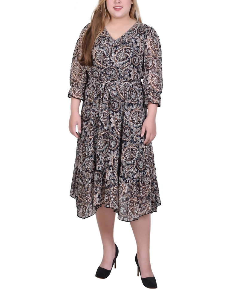 Ny Collection Plus 3/4 Sleeve V-Neck Flounced Dress
