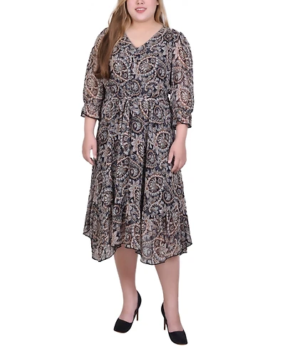Ny Collection Plus Petite 3/4 Sleeve V-Neck Flounced Dress