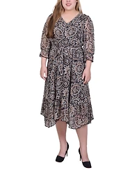 Ny Collection Plus 3/4 Sleeve V-Neck Flounced Dress