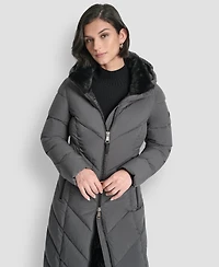 Dkny Women's Hooded Zip Front A-Line Maxi Puffer Coat
