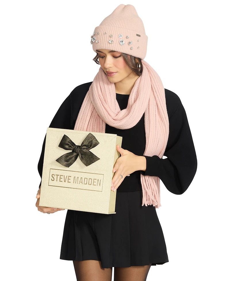 Steve Madden Women's Embellished Beanie and Knit Scarf Holiday Gift Set, 2-Piece